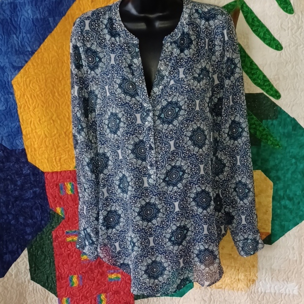Lucky Brand Womens Medallion Print Long Sleeve Half Buttom Tunic Top Size S Boho